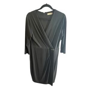Calvin Klein Womens L 12 Black Wrap Dress V Neck Long Sleeve Gold Detail Stretch
